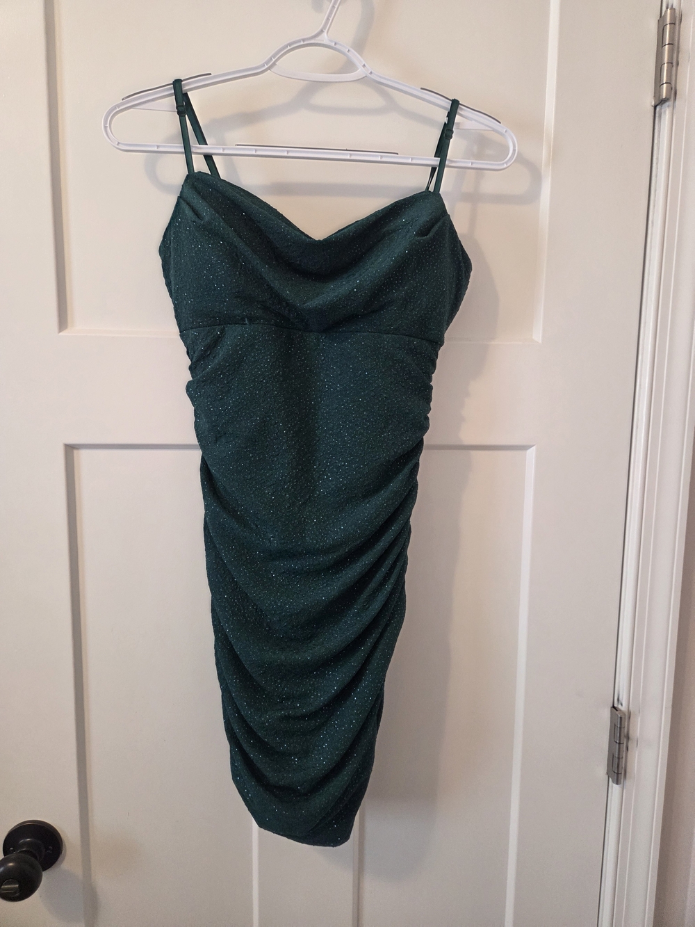 Emerald Sundae Green Glitter Cowl Ruched Mini Dress